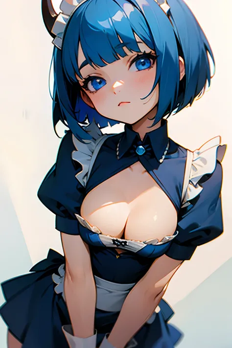 1girl, short blue hair, bobcut, blue horns, maid outfit, blue eyes, short, flat chest, cleavage