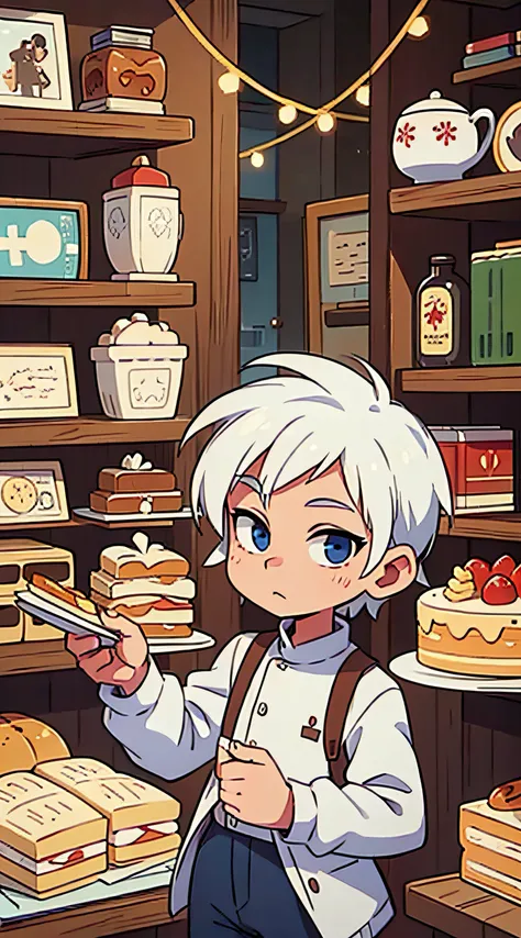 Guy with white hair in cake shop