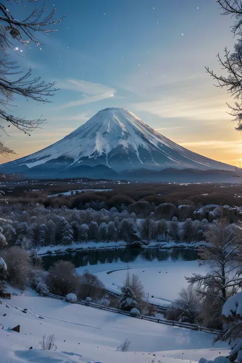 (best quality,4k,8k,highres,masterpiece:1.2),ultra-detailed,(realistic,photorealistic,photo-realistic:1.37),landscapes,grandiose view of Mount Fuji at dawn with vibrant colors and breathtaking details, dynamic and lively winter scenery, a magnificent combi...