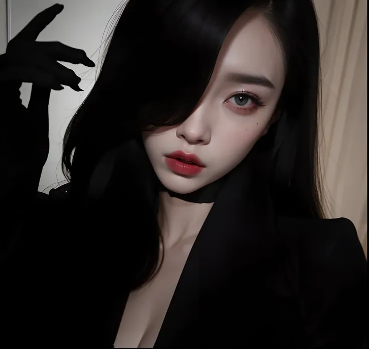 um close up de uma mulher com longos cabelos pretos usando uma jaqueta preta, cruel korean goth girl, Xintong Chen, imagem de perfil, Xision Wu, Ulzzang, kanliu666, iu lee ji-eun as a super villain, Sha Xi, 1 8 I, inspirado em Yanjun Cheng, goth girl aesth...