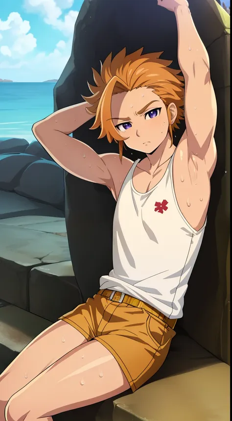 Highres, Masterpiece, Best quality at best,Best Quality,hight quality, hight detailed, Anime style, (boys), 1boy, Arthur Pendragon , (short body), (armpit), summer, hot day, sweat, view from front, tank top, sitting on a  stone