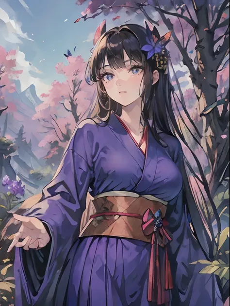 masterpiece, high quality, very detailed shading, perfect face, perfect hands, detailed background, young woman, adult woman, sparkling eyes, brown eyes, blue kimono, purple hakama, very large breasts,perky breasts, forest, trees,flowers, complex backgroun...