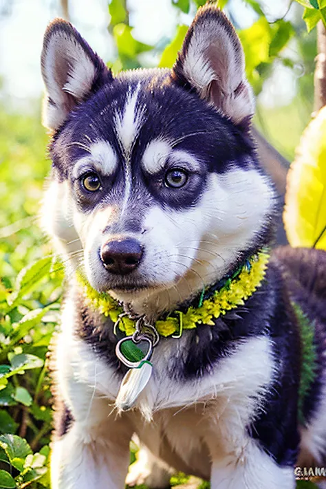 um garotinho muito charmoso com uma mochila e seu cachorrinho fofo (husky) desfrutando de um lindo passeio de primavera cercado ...