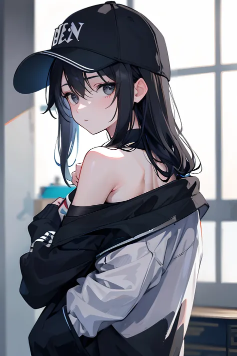 1girll，Back shadow，Sweatshirt，An off-the-shoulder garment，baseball cap，Alchemy Laboratory，the mystery of unknown territories，Put your hands in your pockets，Black hair，Shoulder-length hair，Black eyes，Chest Shot(MCU），Game scene graph