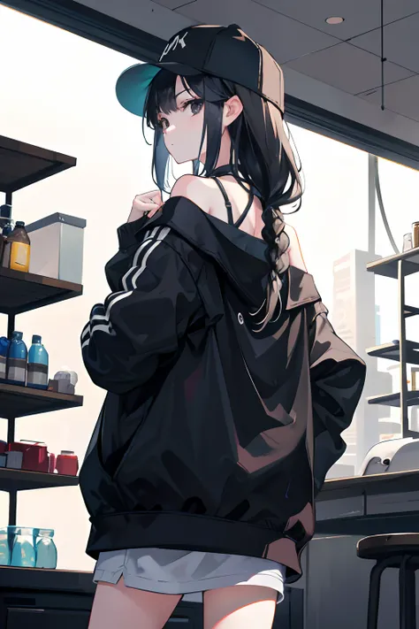 1girll，Back shadow，Sweatshirt，An off-the-shoulder garment，baseball cap，Alchemy Laboratory，the mystery of unknown territories，Put your hands in your pockets，Black hair，Shoulder-length hair，Black eyes，Game scene graph