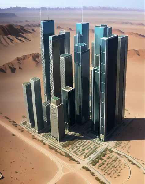 Imagine a city in the middle of the desert with large mirrored futuristic skyscrapers