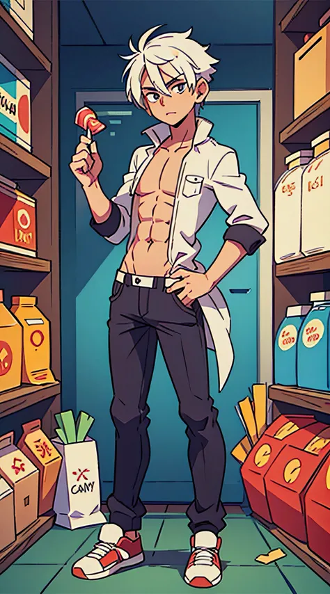 Sexy guy with white hair in a candy shop