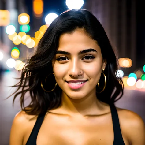 RAW photo, a portrait photo of 20 y.o brazilian woman in casual clothes, nigth, city street, (high detailed skin:1.2), 8k uhd, dslr, soft lighting, high quality, film grain, Fujifilm XT3