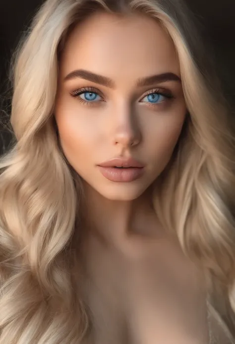 "Sexy girl with blue eyes, ultra realistic, meticulously detailed portrait of Sophie Mudd, blonde hair and large eyes, selfie of a young woman, Violet Myers, without makeup, natural makeup, looking directly at the camera, face with artgram, subtle makeup, ...