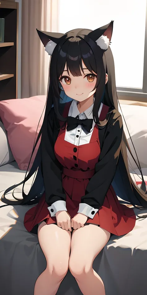 One anime girl, long black hair, brown eyes, cat ears, cute  bunny girl outfit , light blush, light smile, nightime, apartment, bedroom, sitting on bed