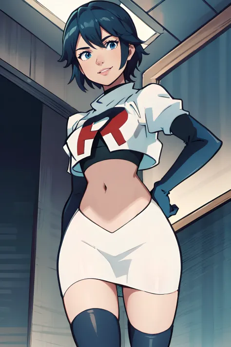 lucina fe, rocket,team rocket uniform, red letter R, white skirt,white crop top,black thigh-highs,black elbow gloves, blue hair, confident smile, looking down at viewer, short hair,