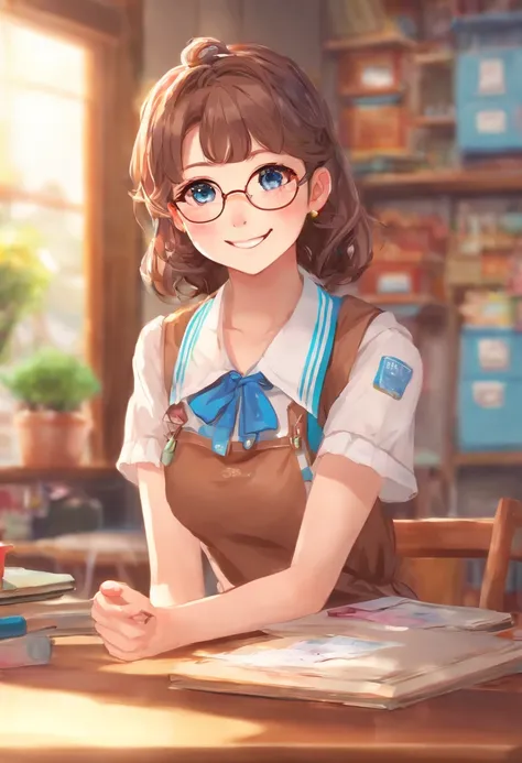 4k, 8k, high definition, super detailed, girl, teenager, school uniform, wear glasses, blue eyes, brown hair, smiles softly, soft light from windows, sit at table, short skirt, small body, shows her armpit from short sleeve