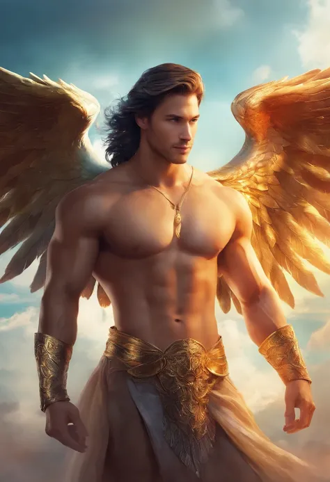 (best quality,highres:1.2),lindo chaning tatum, shirtless and sexy, with angel wings, posing against a sky background, intense gaze, muscular physique, backlight, golden hour lighting, dreamlike atmosphere, captivating charm, perfect proportions, strong an...