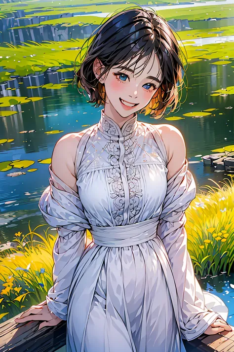 (in 8K、top-quality、​masterpiece:1.2)、1人の女性、(Smiling smile:1.1)、beautidful eyes、Valley、The upper part of the body、shorth hair、Like a boy、Colossal tits、red view、