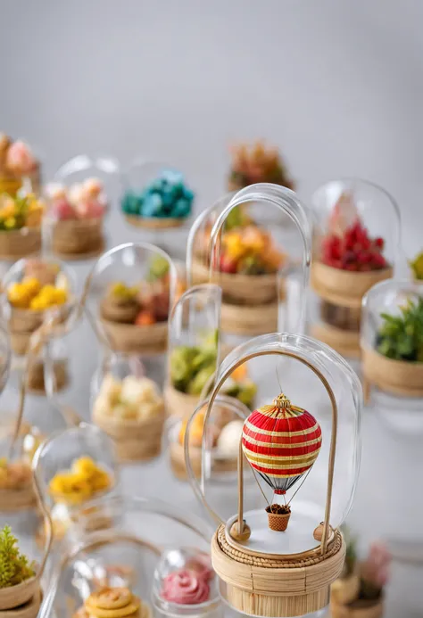 A mesmerizing sight of a tiny hot air balloon suspended magically inside a transparent glass box. Exquisite miniature details, vibrant colors, delicate basket, enchanting and magical display, clear and pristine glass box, high-resolution image of miniature...