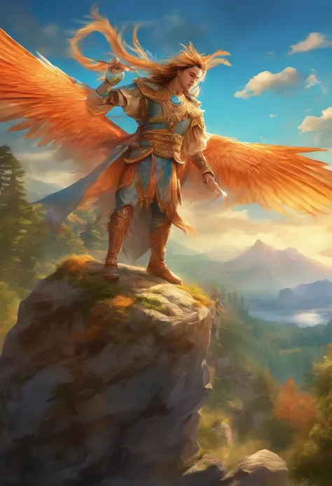 asian warrior ghenghiz khan Beautiful Male Asian Man with Blue and Orange Details, Large Wings, Forest in the Background, Vibrant Colors, Full Body, Detailed Face, Detailed Hands, Detailed Legs, Detailed Fingers, Detailed Hair, Detailed Eyes, Detailed Skin...