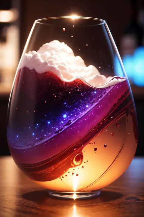 A glass of wine in a beautifully crafted glass, with a galaxy swirl visible in the glass