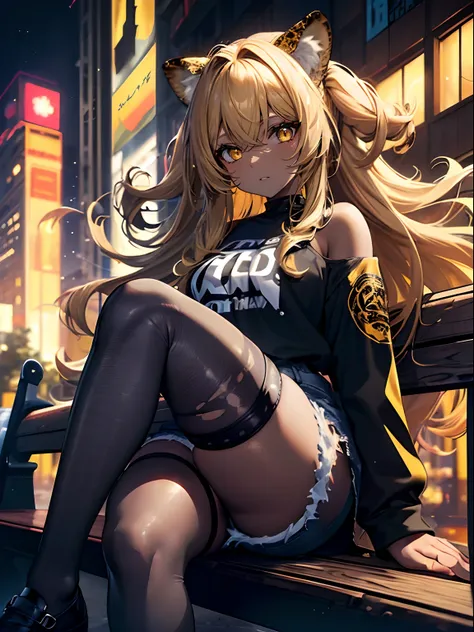 (masterpiece,best quality,ultra-detailed),1girl,dark yellow hair,leopard ears,curly hair, messy hairstyle, mane,denim shorts,black shorts,dark black skin,thick thighs,knee high stockings,urban background,(grey theme),sitting,sitting on a bench , night