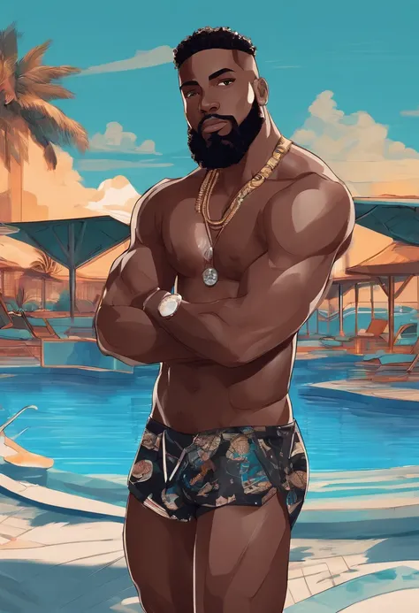 Black man, naked, muscular, young, beard, dreadlocks, anime style, full length photo, sexy, poolside, sharp, blurry background,  detailed body, water beeds, wet, night