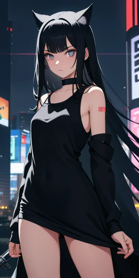 anime girl, Cyberpunk slender young girl, Black long hair till waist with bangs and has black cat ears, Full-length in a black tank top and shorts, is looking at the camera, Against the backdrop of a cyberpunk city, naked legs, brightness, Masterpiece, Bes...