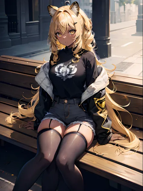 (masterpiece,best quality,ultra-detailed),1girl,dark yellow hair,leopard ears,curly hair, messy hairstyle, mane,denim shorts,black shorts,dark black skin,thick thighs,knee high stockings,urban background,(grey theme),sitting,sitting on a bench , night