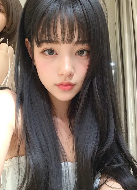 Theres a woman with long black hair and a doll behind her, Ela tem cabelo preto com franja, Ulzzang, preto hime corte cabelo, O corte Hime, Lalisa Manobal, com franja completa, cabelo arrumado com franja, com franja, wan adorable korean face, branco hime c...