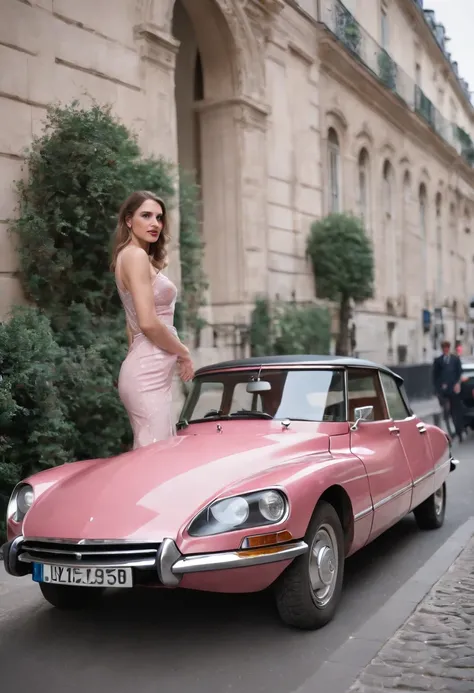 Pink car Citroën ds 1970 with license plate marked LIBIDO in front of luxury hotel Paris Montmartre young sexy hysterical woman