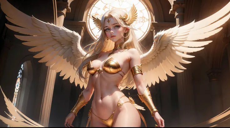 master-piece，high-res，10，CG animation，Images of angels in Western mythology，Woman with wings, Bare-chested, large, Bright golden wings, 10,