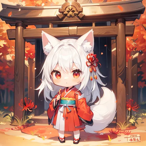 ((Concept art)), ((illstration)). (((Red Spider Lily))), girl with, Full body, Longhair, White hair, Red Eyes, fox ear, Red spider lily hair ornament, shrine maiden, Deformed, Chibi Character, my child, Japanese style, watercolor paiting, Autumn