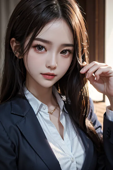 Photo Uniform Pose(Dark blue blazer、White dress shirts、Charcoal Grape Pleated Skirt)Close up portrait of woman wearing it, Beautiful midlift with black hair、Beautiful Asian Girl, Korean Girl, girl cute-fine face, beautiful Korean women, Gorgeous young Kore...