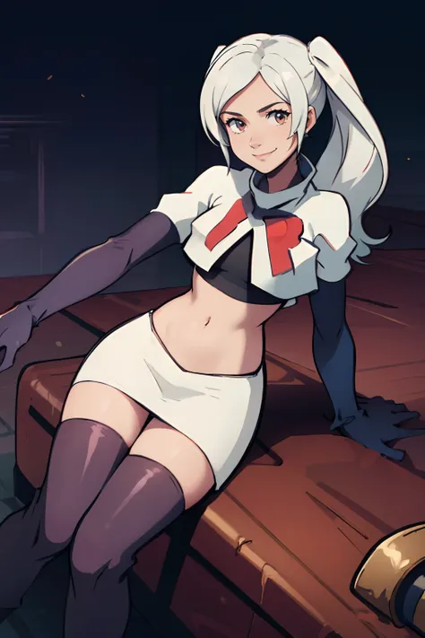 robin fe, rocket,team rocket uniform, red letter r, white skirt,white crop top,black thigh-highs,black elbow gloves, white hair,...