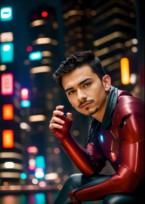 guttonerdvision5, a 20 year old iron man wearing glasses, detailed skin and face, half body, with hooded leather clothing, cyberpunk style, neon, colored lights, ultra realistic rainy cyberpunk city scenery, realistic character,