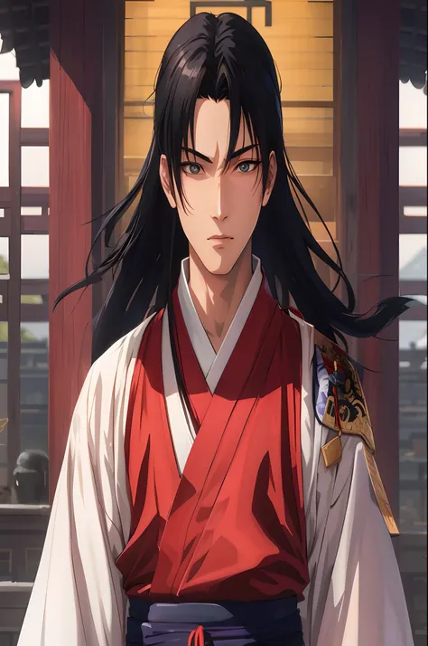 personagem de anime com longos cabelos pretos e roupa vermelha e branca, cara bonito na arte demon slayer, Retrato de Onmyoji, Sengoku - Era Estilo de Arte, homem bonito anime, hijikata toushirou, Retrato anime de um homem bonito, Taisho Romano, vestido co...