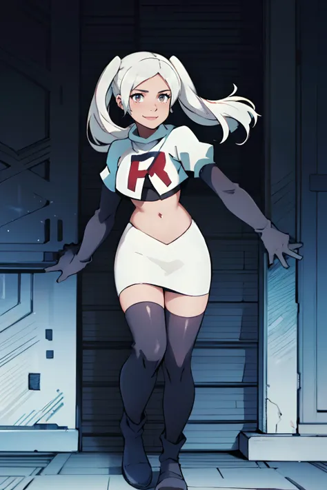 robin fe, rocket,team rocket uniform, red letter r, white skirt,white crop top,black thigh-highs,black elbow gloves, white hair,...