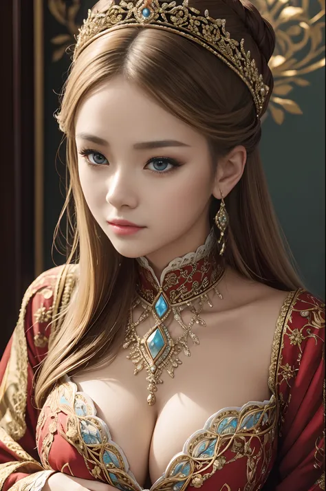 (dark shot:1.1)The whole body of the aristocratic mother,Sexy aristocratic outfit with big breasts(absurderes、hight resolution、ultra-detailliert)、Full body of one woman、Red and white aristocratic costume,Mature woman with big breasts、Nobleman in a luxuriou...