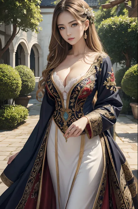 (dark shot:1.1)The whole body of the aristocratic mother,Sexy aristocratic outfit with big breasts(absurderes、hight resolution、ultra-detailliert)、Full body of one woman、Red and white aristocratic costume,Mature woman with big breasts、Nobleman in a luxuriou...