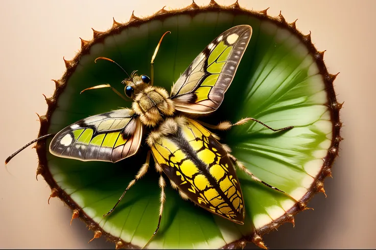 Moth with larvae surrounding it