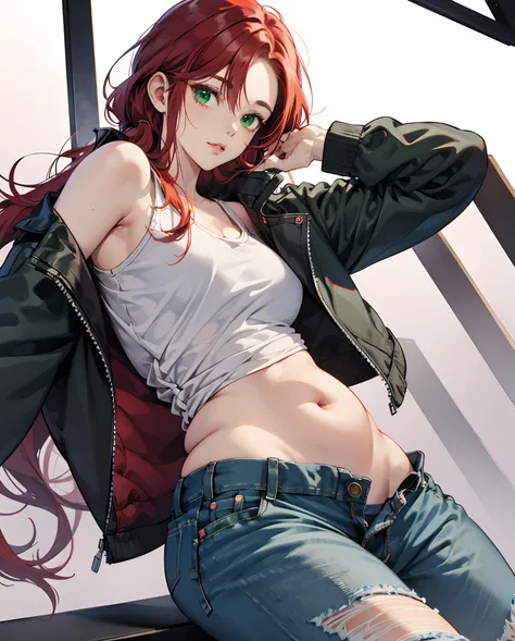 Fat Red haired anime woman with green eyes wearing ripped jeans