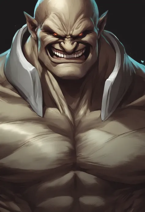 um close up de um desenho animado de um homem com um dente, as an ugly titan, estilo Baba, Baba, sorriso maldoso, cara Ahegao, Ahegao, Homem de pele marrom com um sorriso gigante, Baki o Grappler, dog - faced muscular goblin, evil villain grin, largo sorri...