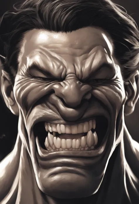 um close up de um desenho animado de um homem com um dente, as an ugly titan, estilo Baba, Baba, sorriso maldoso, cara Ahegao, Ahegao, Homem de pele marrom com um sorriso gigante, Baki o Grappler, dog - faced muscular goblin, evil villain grin, largo sorri...