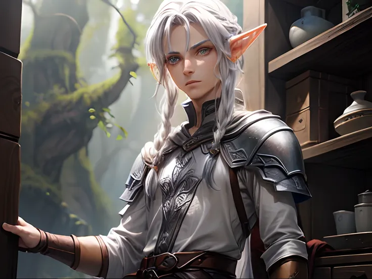 an androgynous-looking male elf, being an elf from the mists of the world of faêrum, ou seja cabelos prateados e longos