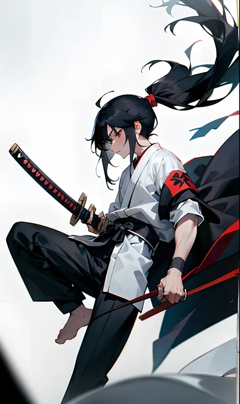 Boy with strong body, long straight black hair down to the leg wearing a black haori with some white armbands and some pieces of white clothes with a katana at the blue waist and hair tied