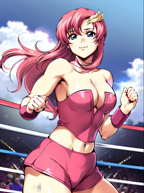 (((pink strapless wrestling outfit))), (masterpiece, , 4K, Best Quality, Anime style: 1.9,, Adult Woman, ultra detailed face, (cloud background, wrestling), Drawing lines, high resolution, Anime, lacus4), 1girl, Solo, curvy figure, Long hair, 鎖骨, scapular,...