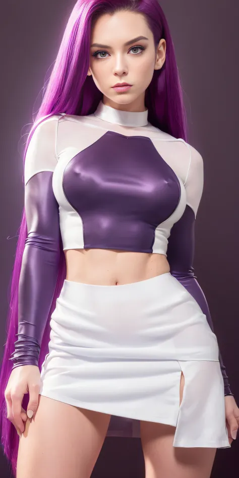 Jessie pokemon, ((seductive expression)), slicked back hair, Long hair, purple hair, blue eyes, Team Rocket, ((7000% transparent silk Team Rocket Uniform)), ((((10% white miniskirt, 5% Crop Top)))), thighs high,elbow gloves, NSFW, ((70% nude))