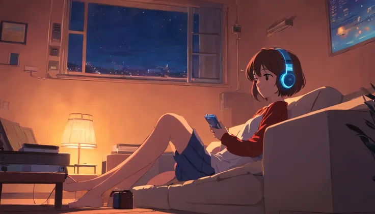 Girl listening to music in a cozy room at night, Uso de auriculares, Anime estilo 2D, lo-fi, Disco duro, 16:9