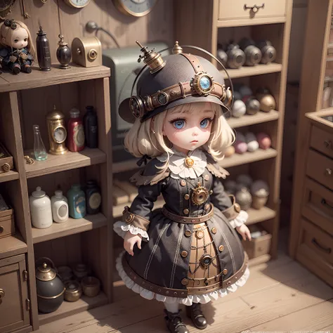 small steampunk doll in a Steampunk toy museum, intricate details, 16k resolution, rendered in octane, artistic line drawing --auto --s2