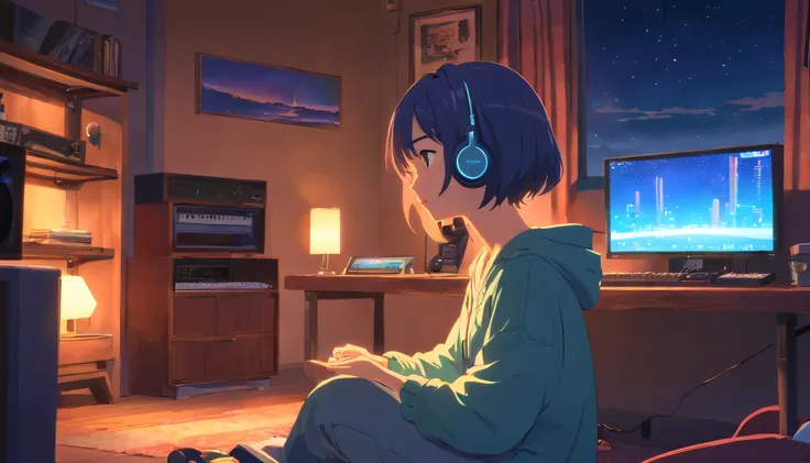 Girl listening to music in a cozy room at night, Uso de auriculares, Anime estilo 2D, lo-fi, Disco duro, 16:9