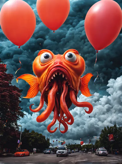 realistic photo of a huge (ab0m) goldfish, balloons, tentacles terrifying clouds night, scary many eyes, surreal, vibrant colors...