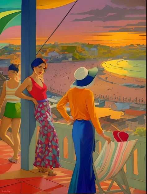 There are two women standing on a balcony overlooking the beach, psychedelic colouring, inspirado por Peter Alexander Hay, inspirado em Archibald Motley, inspirado em Bunny Yeager, Inspirado em Mads Berg, inspirado em Gustave Boulanger, cena surreal, fundo...