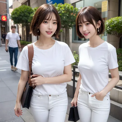 masutepiece, Best Quality, Ultra-detailed, finely detail, hight resolution, 8K, Perfect dynamic composition,Apparel Shop、(((Shopping while shopping)))、(((White Small T-Shirt)))、((Skinny Jeans))、(Walking)、(((Looking away)))、backpack、Golden earrings、A Japane...